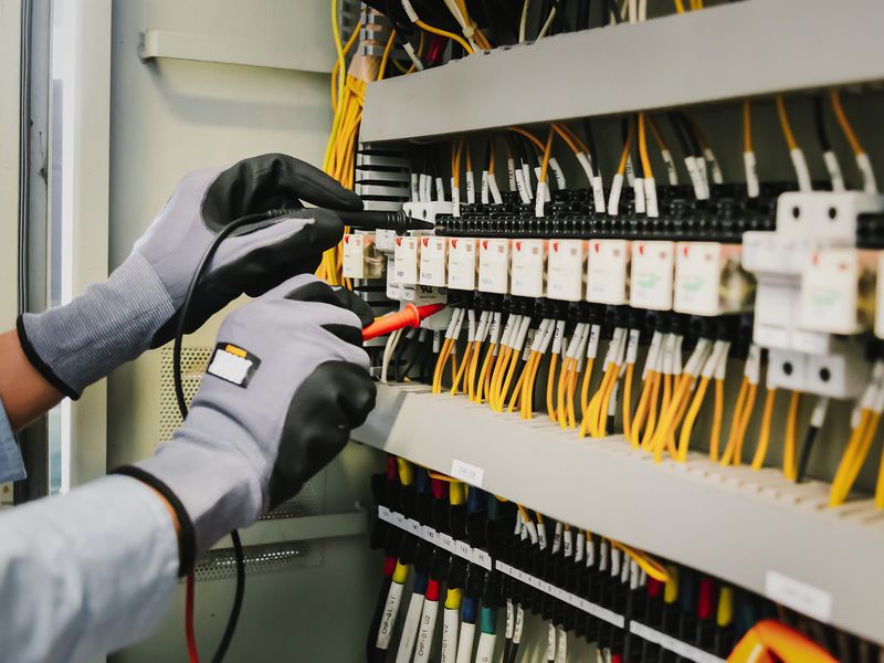 Technician testing a control panel with a multimeter
